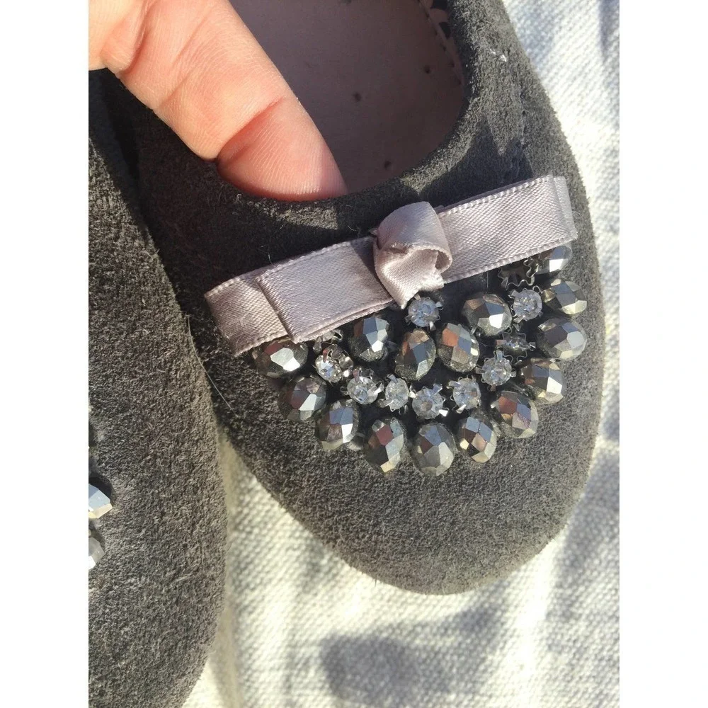 Geox girls suede leather flats size 3 34 shoes rhinestone silver grey gray bow